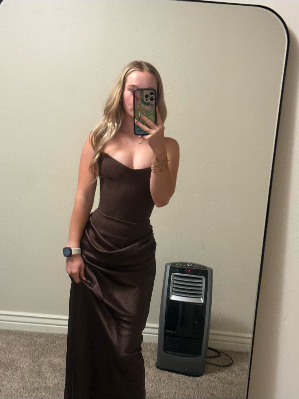 Babyboo Brown Satin Dress - with neck scarf- Women's size xs